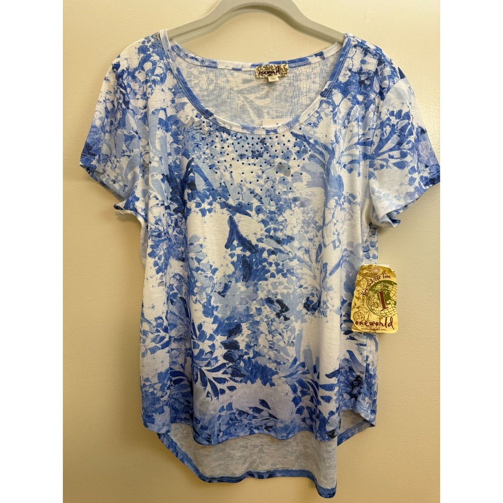 NWT One World Blouse Womens Blue White Top Size PETITE Large Scoop Neck Glitter